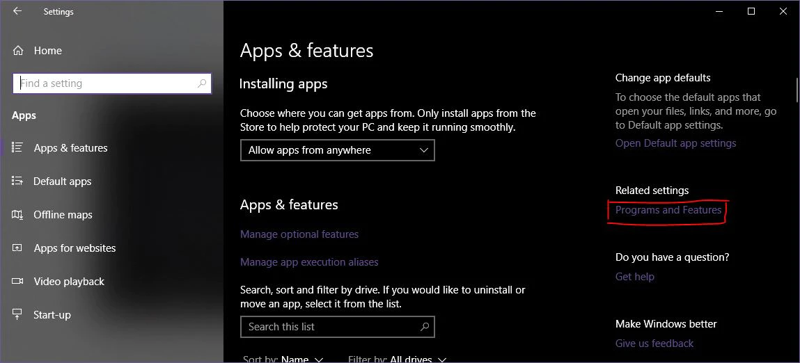 Windows 10 Programs and Features